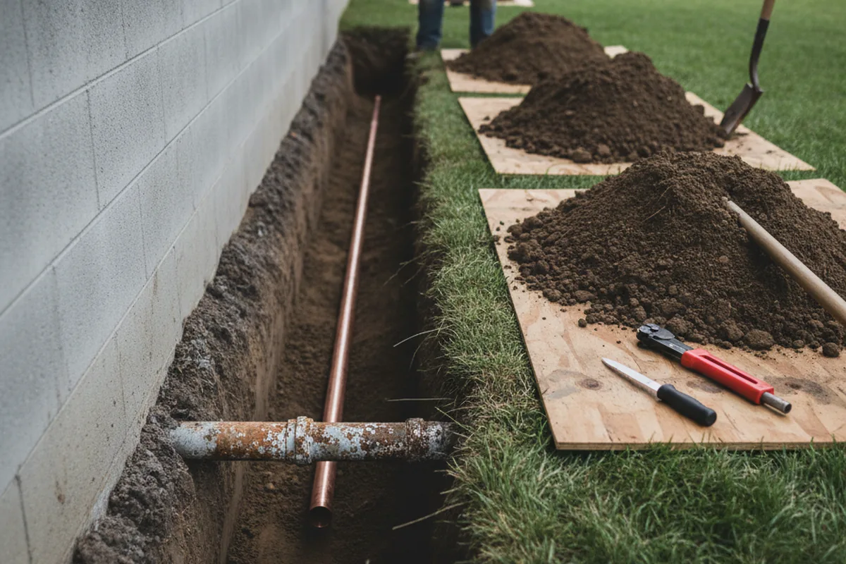 Excavated water line trench during Water Softener Installation in Shakopee